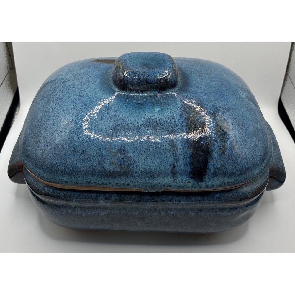 Blue Glazed Unsigned Pottery Dish With Lid farmhouse cottage vintage